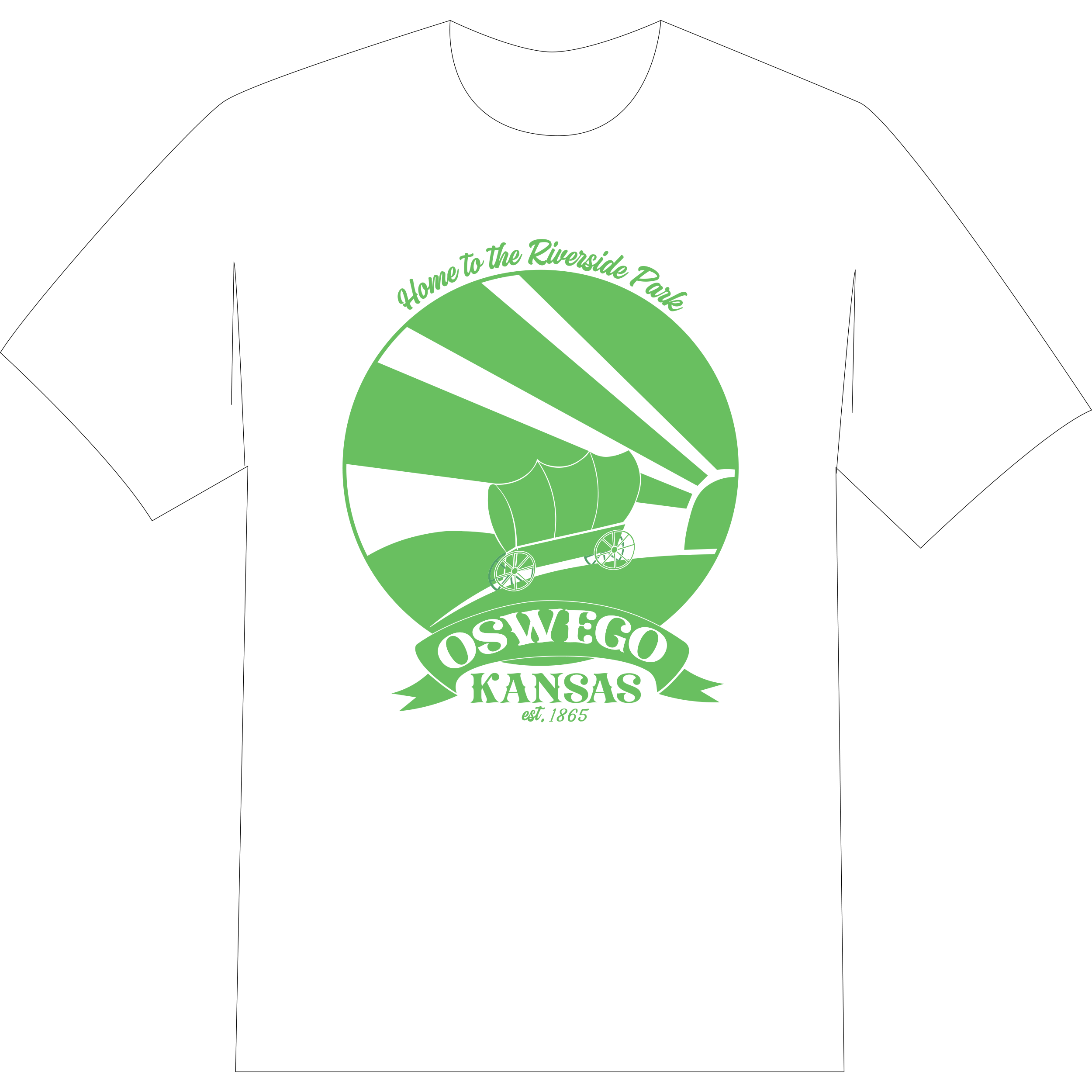 White t-shirt with a green design of a covered wagon moving along a hill with sun bursts. Includes text: HOme to the Riverside Park, Oswego, Kansas, established 1865.
